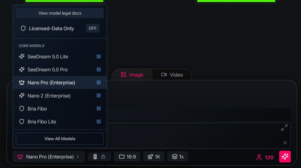 Model picker dropdown with Core Models, Licensed-Data Only toggle, and generator settings bar
