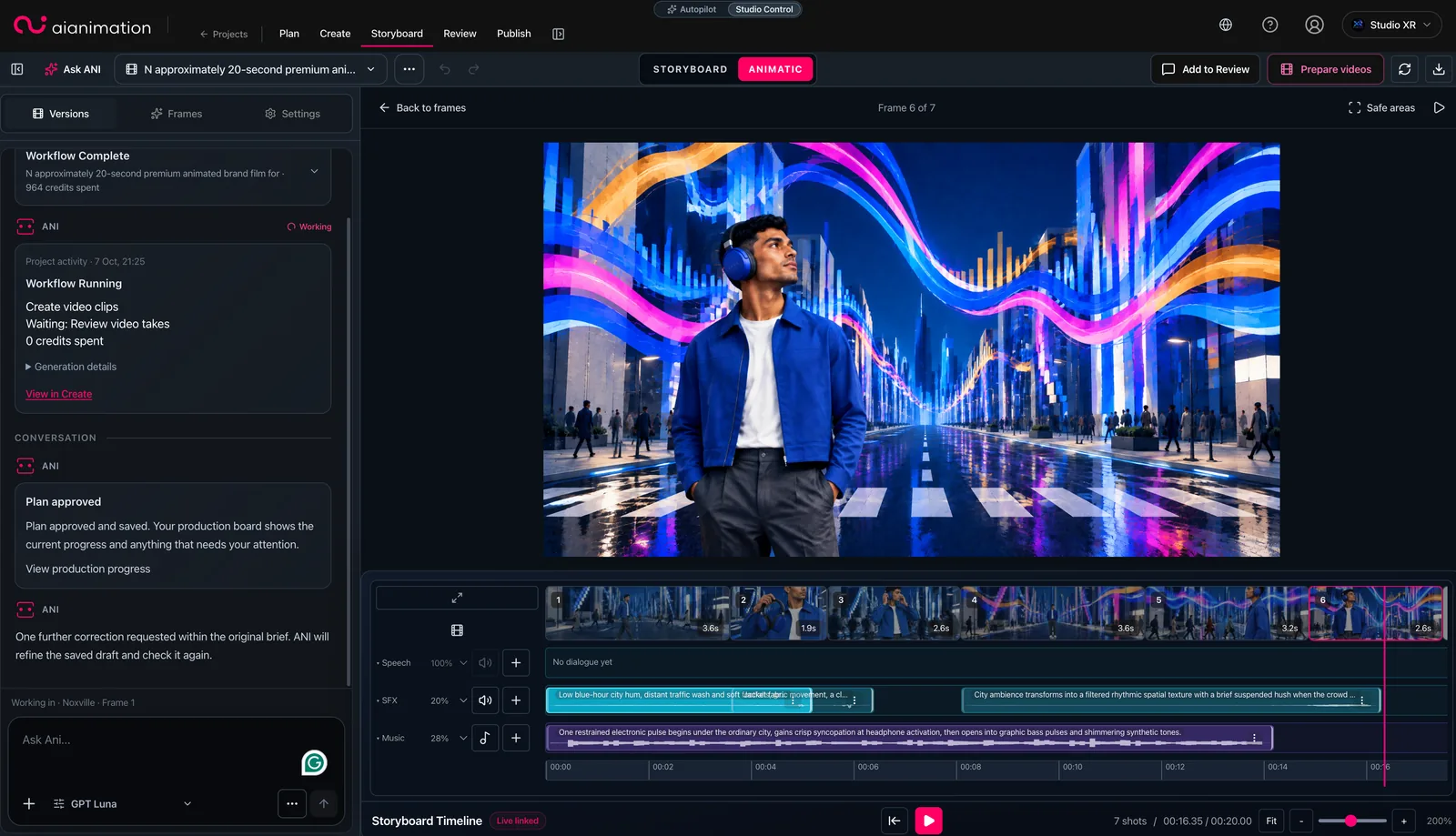 AI Animation’s animatic workspace showing a vibrant city scene, storyboard shots, sound effects and music