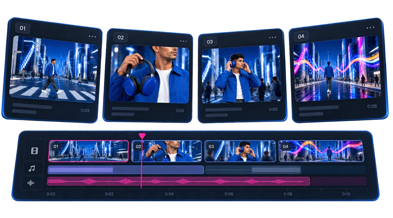 Four storyboard shots of a headphone advert connected to a video timeline with picture, music and audio tracks