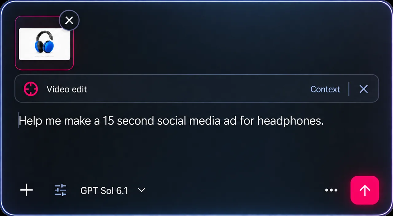 ANI prompt composer with a headphone reference image and a request to create a 15-second social media advert