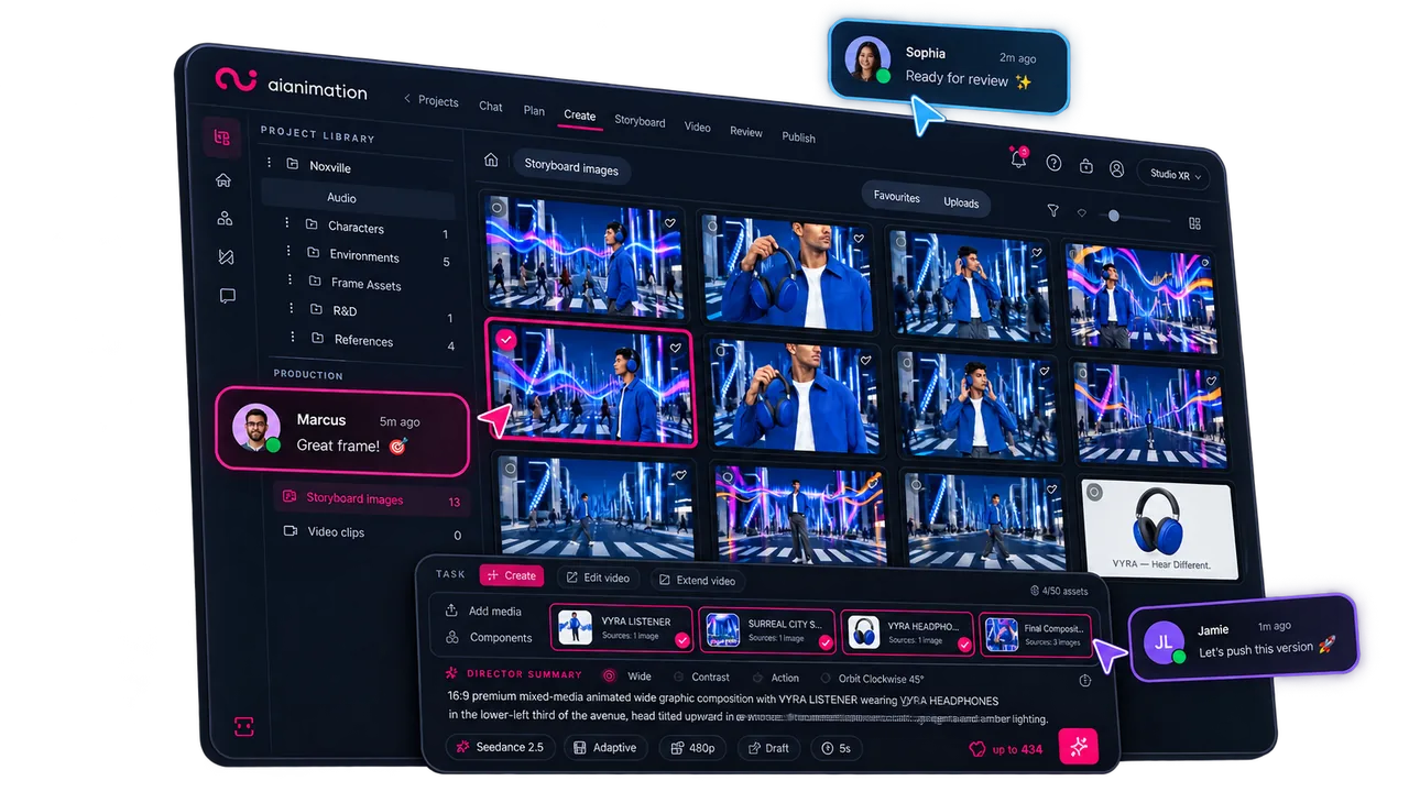 AIAnimation Studio Control with storyboard images, video-generation controls and illustrated collaborator feedback